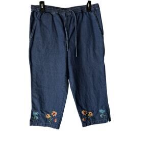 Jane Ashley Pants Vintage 90 small‎ Embroidered Floral Capri Denim Cottage